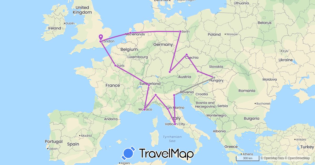 TravelMap itinerary: driving, plane, train in Austria, Switzerland, Czech Republic, Germany, France, United Kingdom, Hungary, Italy, Netherlands (Europe)